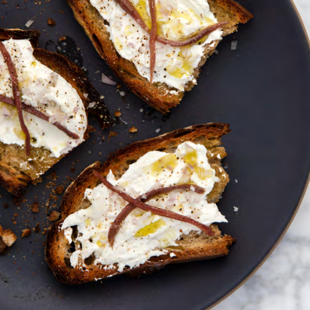 Ricotta Toast with Anchovies and Shallots