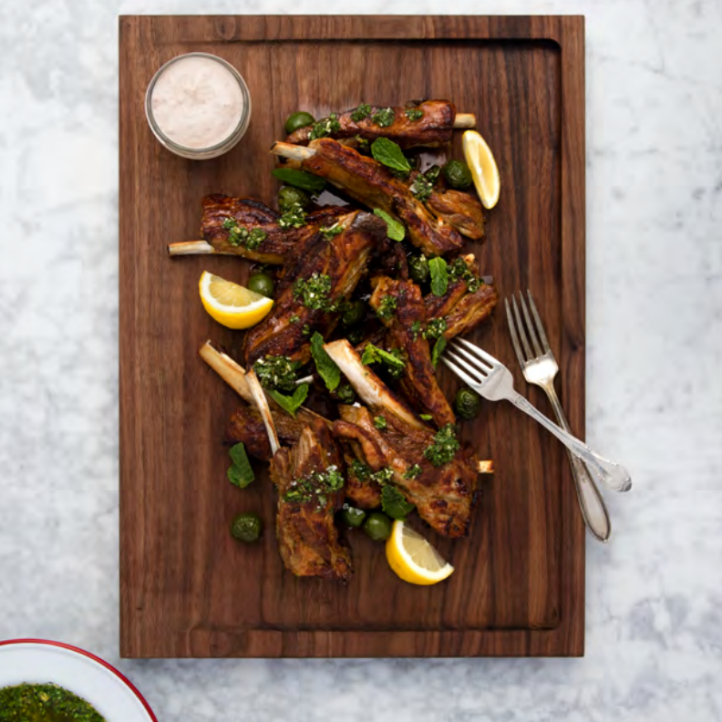 Crispy Lamb Ribs with Harissa Yogurt and Mint Salsa Verde