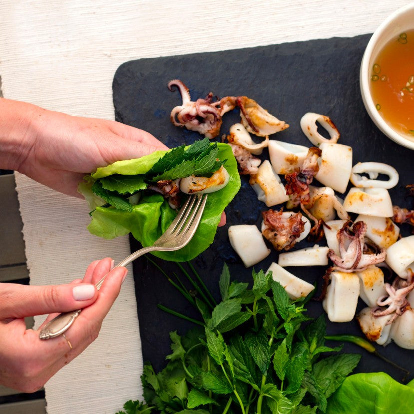 Grilled Squid Lettuce Wraps with Nuoc Cham